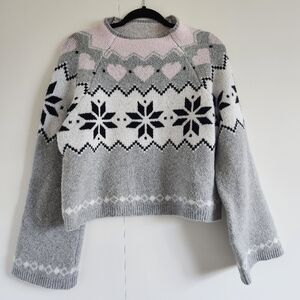 No Boundaries Fair Isle Heart Sweater Gray Pink Cropped Size L Junior